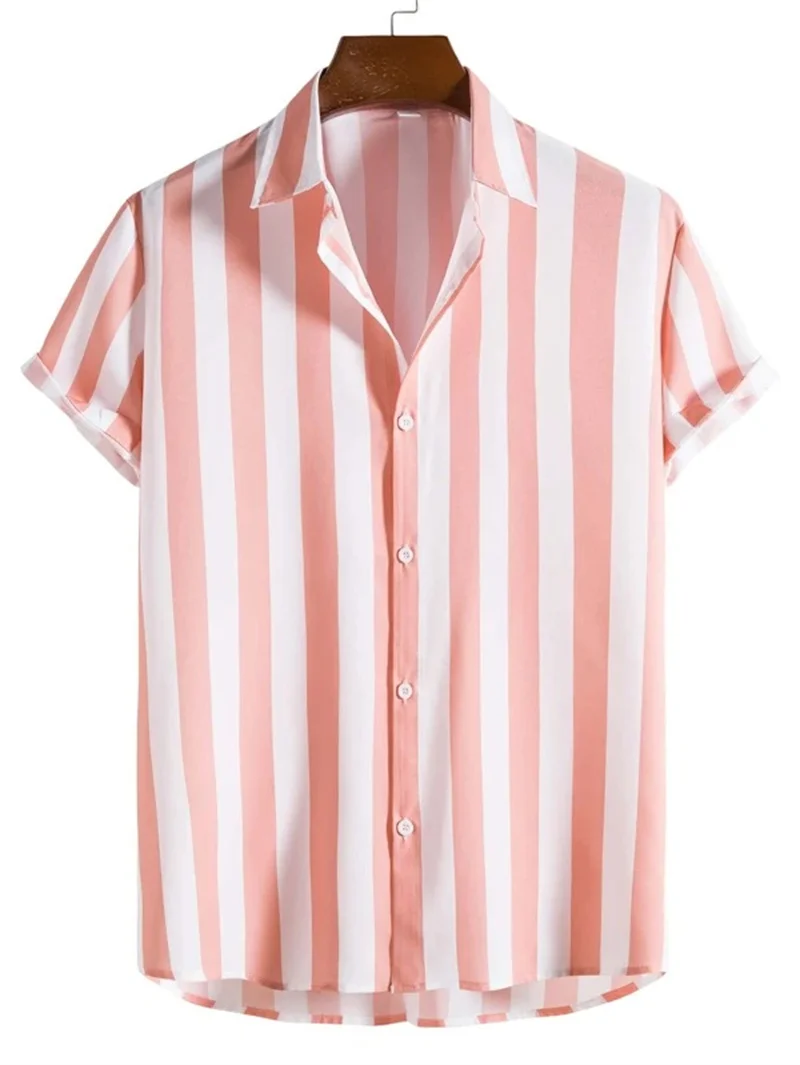 Camisa casual a rayas para hombre, traje de playa hawaiano con estampado minimalista, top de vacaciones, ropa de calle para hombre al aire libre de manga corta