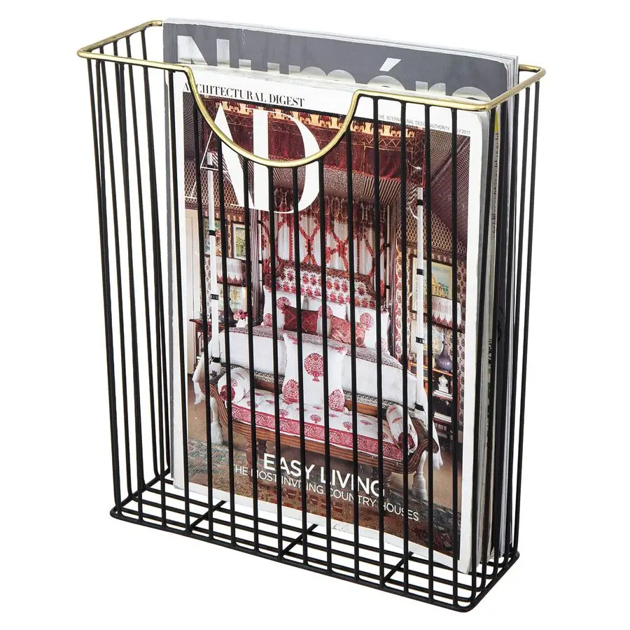 

Art Deco Style Matte Black Metal Wire Magazine Rack with Brass Tone Rim Wall Mounted Holder Storage Basket for Mail Handcrafted