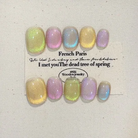 Faux ongles en cristal œil de chat pour filles, presse faite à la main, joli, dopamine, brillant, portable, court, rond, N64, N64, 10 pièces