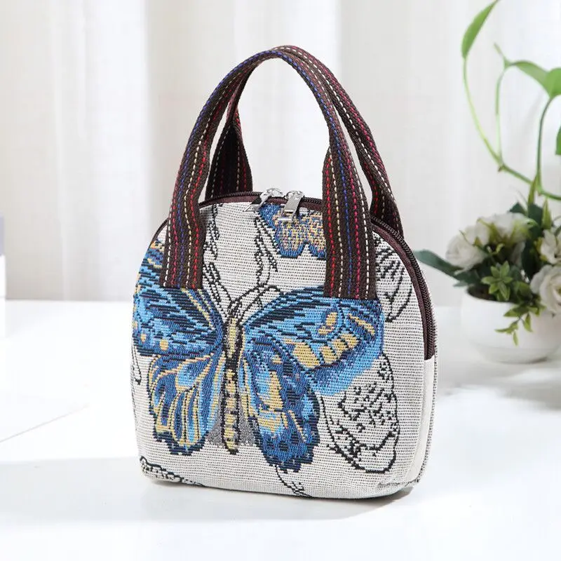 Butterfly Embroidery Top Handle Bag Small Phone Storage Purse Women's Woven Handbag With Zipper Canvas Handbag