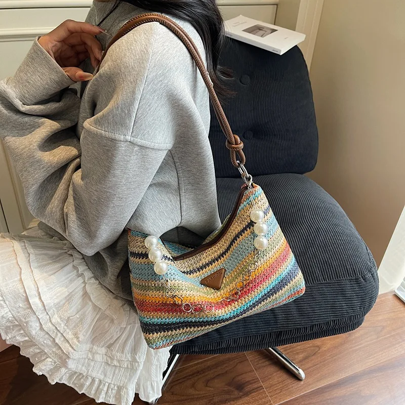 

Новое поступление 2025: сумка через плечо для отдыха на пляже и отпуска - женская тканая сумка в полоску большой вместимости