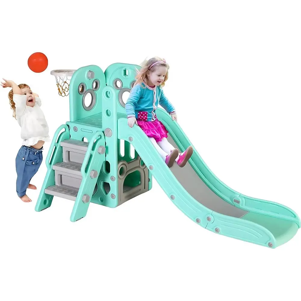 

Детская горка с баскетбольным кольцом, телескопической стойкой, нескользящими ступеньками, L-образной лестницей-скалодромом, игровой комплекс для дома и улицы - светло-зеленый