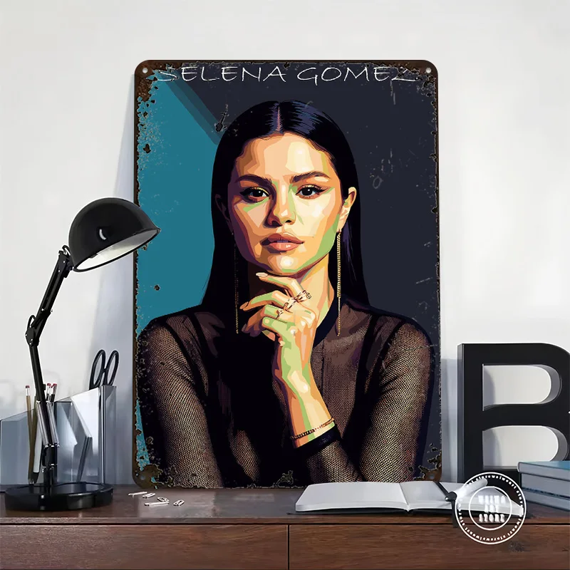 Selena Gomez Portrait Metal Poster Customized Wall Art Retro Vintage Tinplate Signs for Modern Home Decoration Luxury House Room