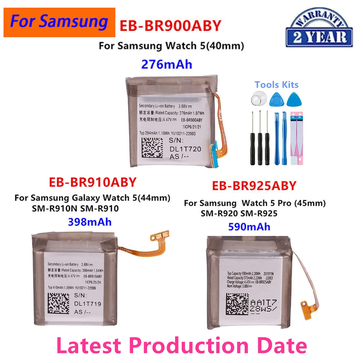 Brand New EB-BR900ABY EB-BR910ABY EB-BR925ABY For Samsung Galaxy Watch5 40MM 44MM Watch 5 Pro 45MM Smart Watch Batteries+Tools