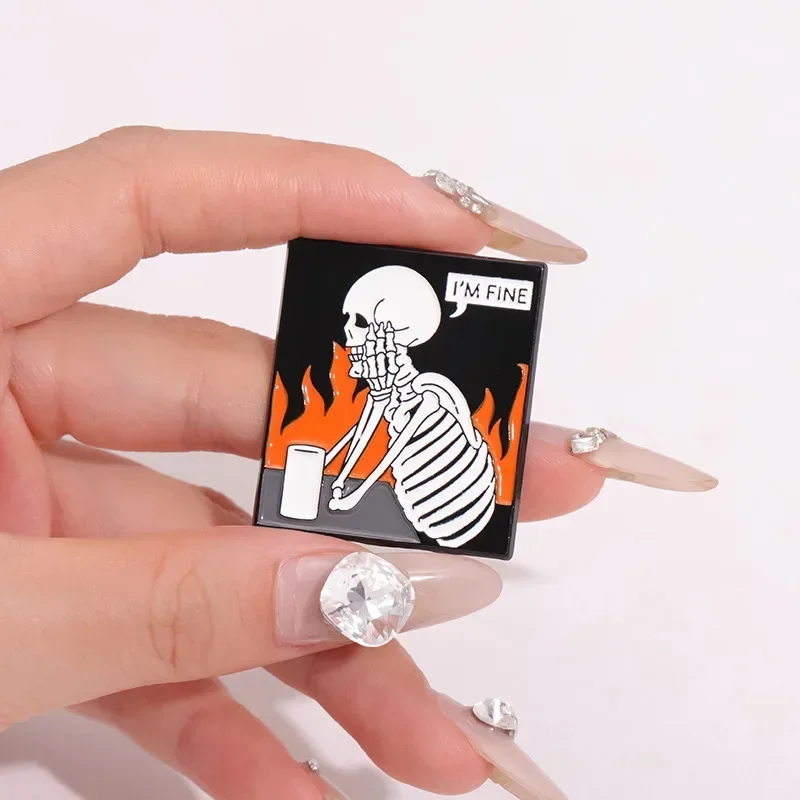 Skeleton Oil Painting Enamel Pins Overthiking I'm Fine Skull Punk Halloween Custom Metal Brooch Lapel Badge Gothic Jewelry Gifts