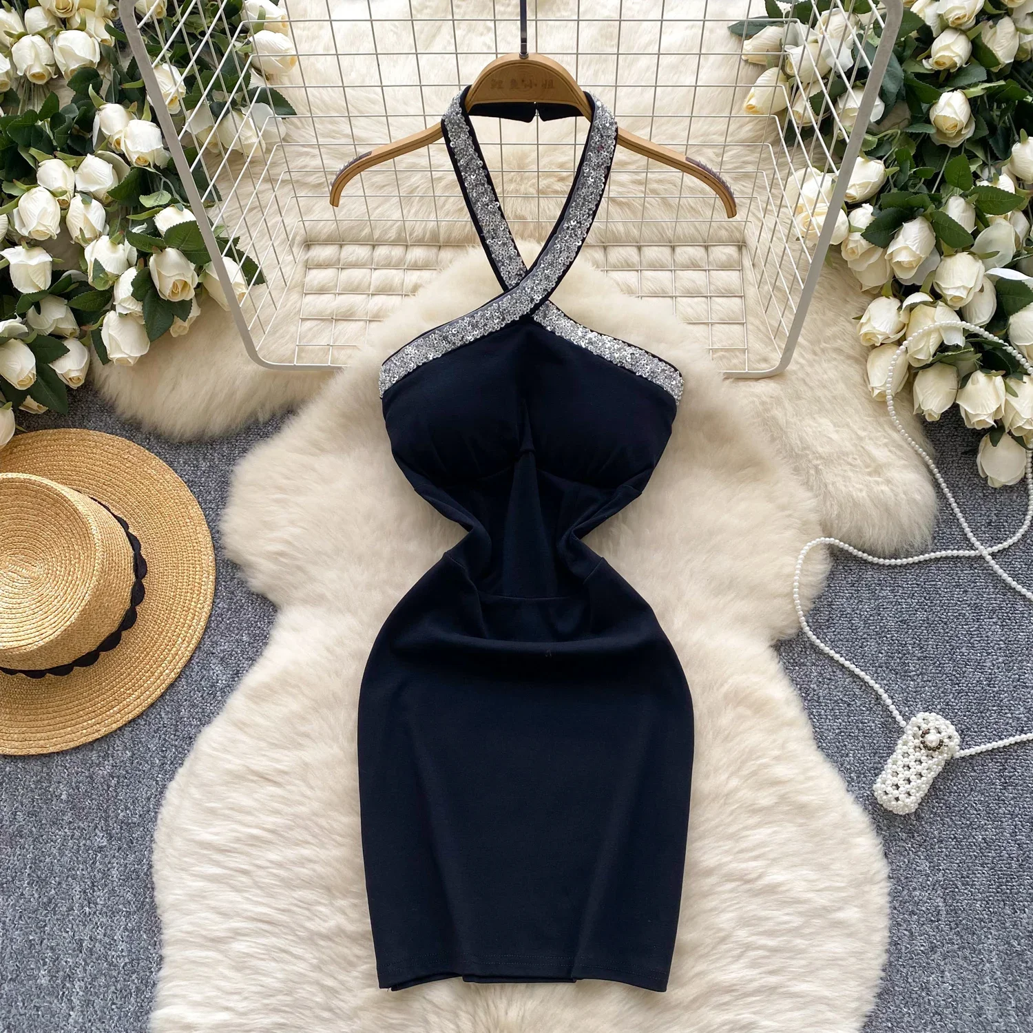 

Sexy Chic slim halter backless rhinestone hollow out Pencil Dress Midi Wrap Vestidos Korean Fashion Party Summer Women