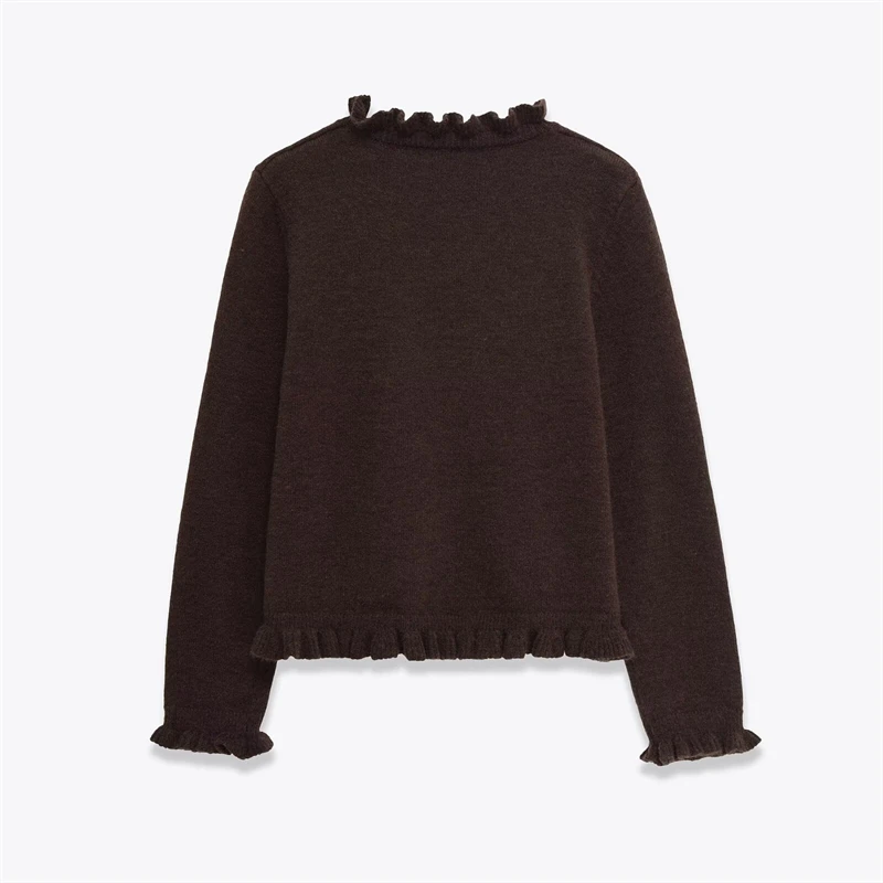 Autunno 2025 Maglione lavorato a maglia marrone scuro decorativo a strati da donna alla moda, morbido e giocoso