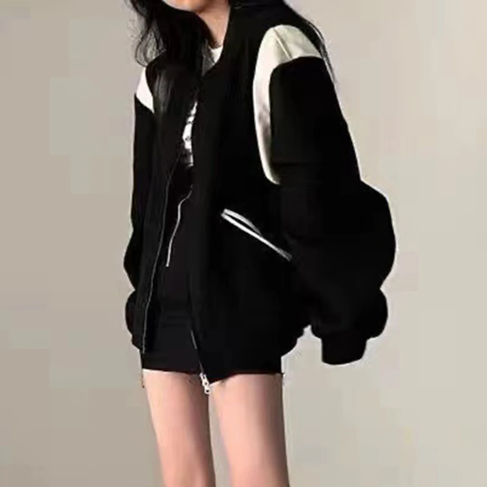 

Classic Vintage Women Baseball Coat Oversized Black Patchwork Casual Loose Jacket with Zipper for Everyday Use