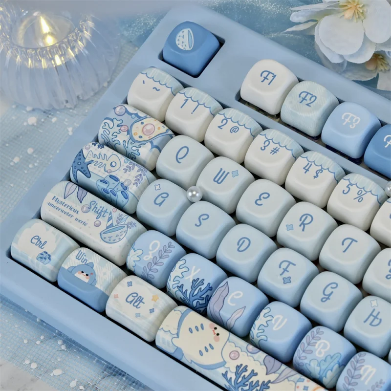 Blue Underwater World PBT Keycaps,130 Keys Custom MOA Profile Dye-Sublimation Key Caps For Mechanical Keyboard with MX Switches
