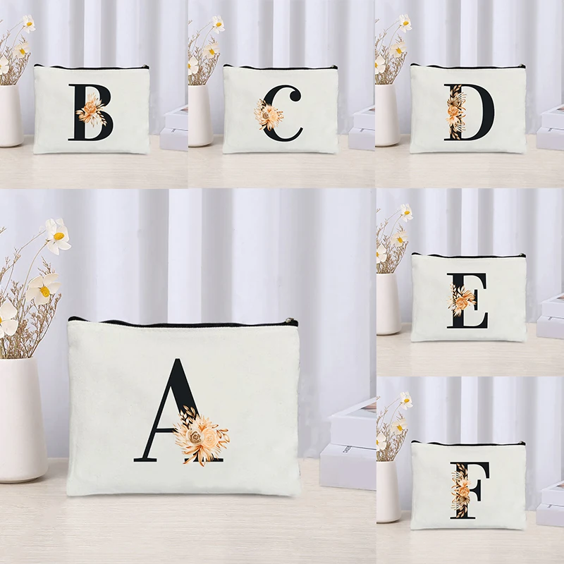 Flower Initials Canvas Cosmetic Bag Organizer Travel Perfume Lipstick Pouch Office Supplies Zipper Pencil Case Makeup Bags Gift