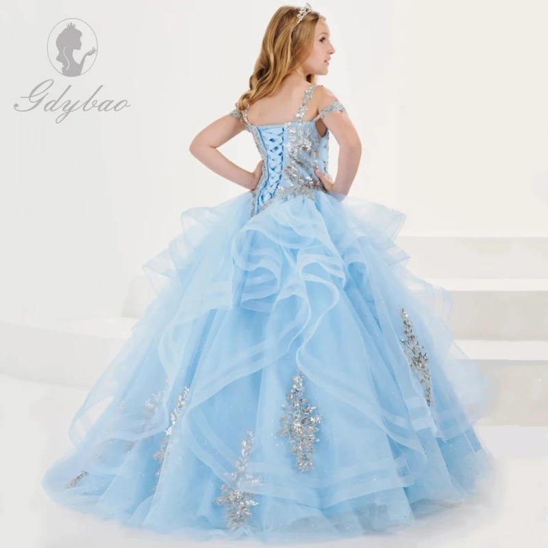 Robe à plusieurs niveaux en tulle bleu ciel pour filles, appliques florales argentées, mariage, fête d'anniversaire, banquet, princesse, quoi que ce soit