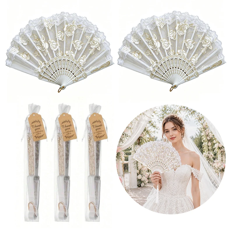 3/6Set Wedding Souvenir Kit Luxury White Rose Lace Handheld Foldin Fan with Paper Thank You Tags Romantic Elegant Guest Gift ZYF