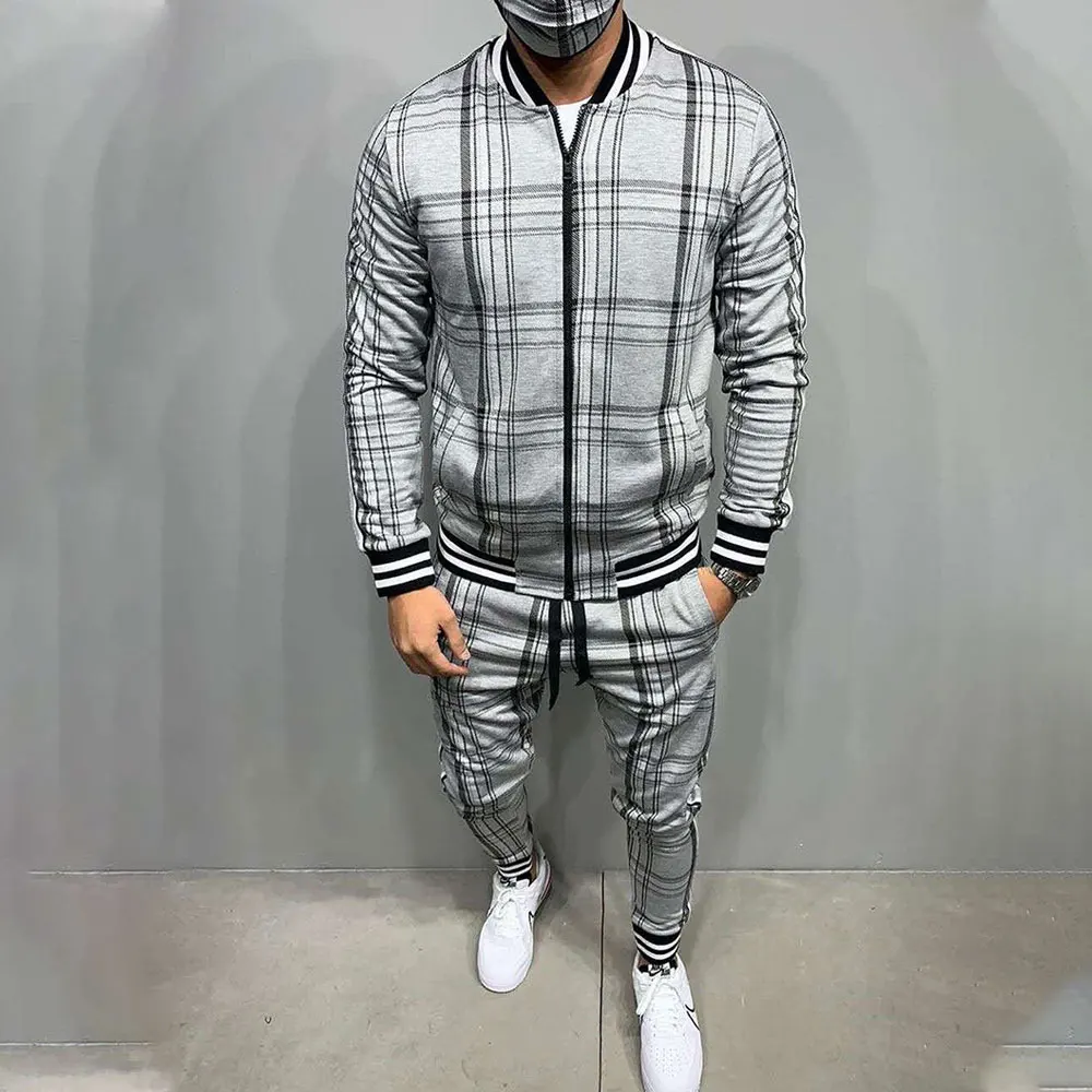 New Plaid Tracksuit Men\'s Sets Gentleman Jacket Sportswear Male 3D Print 2 Piece Set Sport Suit Sweatpants Chandals Man Clothes