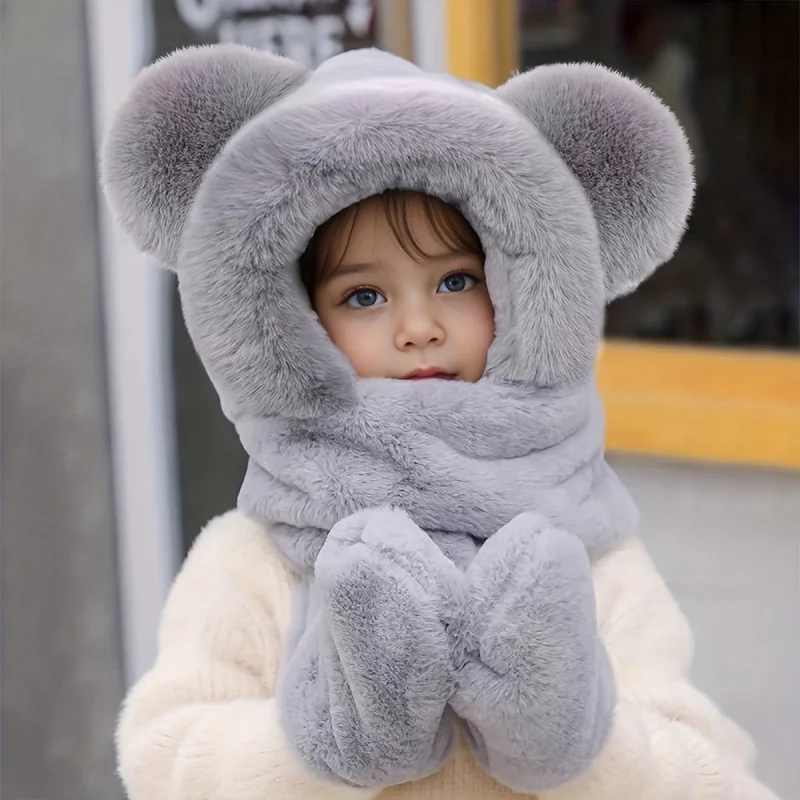 1pc Youngsters Cute Bear Ears Thickened Plush Winter Warm Windproof Cold-Proof Hat Scarf Onepc Suitable for 4Y-10Y