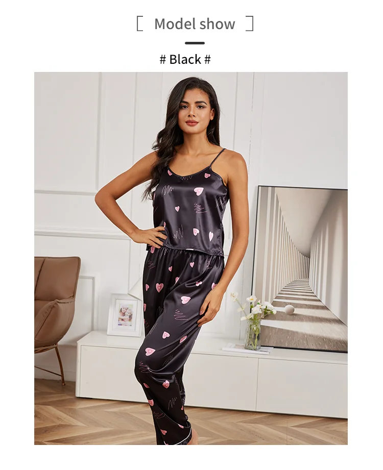 Damen Hauskleidung sexy V-Ausschnitt Pyjama Seide Pyjama Set Nachtwäsche Satin Cami Weste mit Hose Pyjama 2 Stück Sets Lounge wear – Detail 8