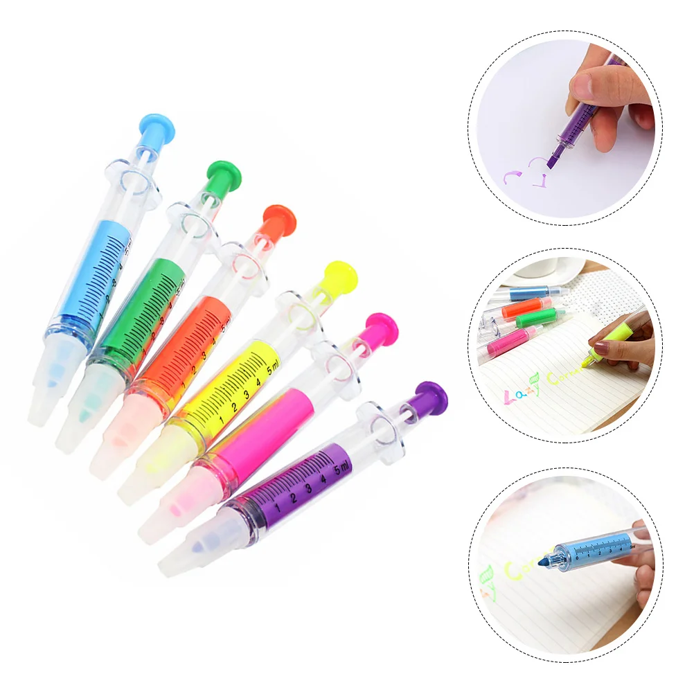 

6Pcs Syringe-Designed Highlighter Pens Bright Smooth Writing Marker Pen for School Students Teachers Doctors Nurses Stationery