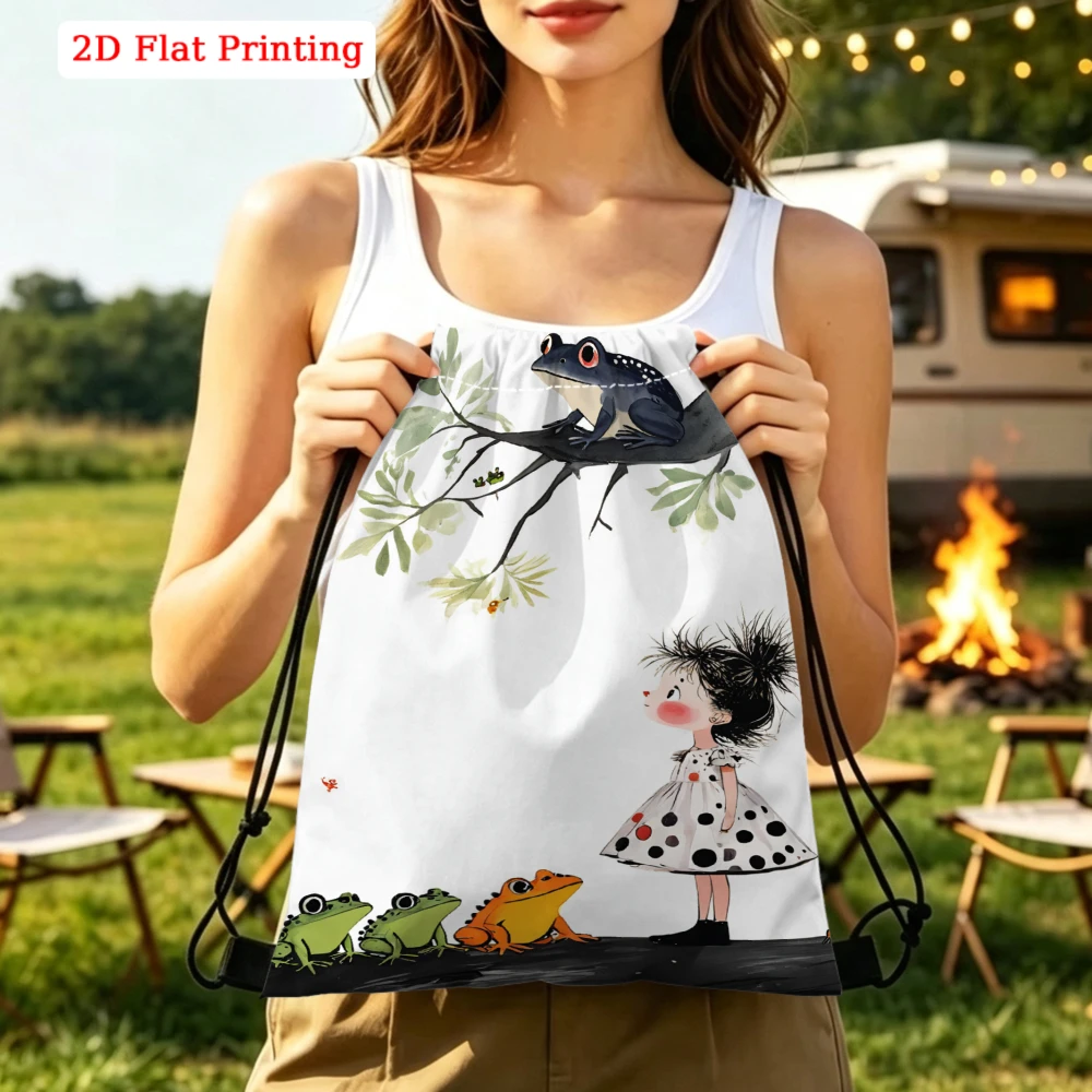 Cartoon Frog and Girl 2D Print Drawstring Backpack Fitness Sports Outdoor Travel Bag