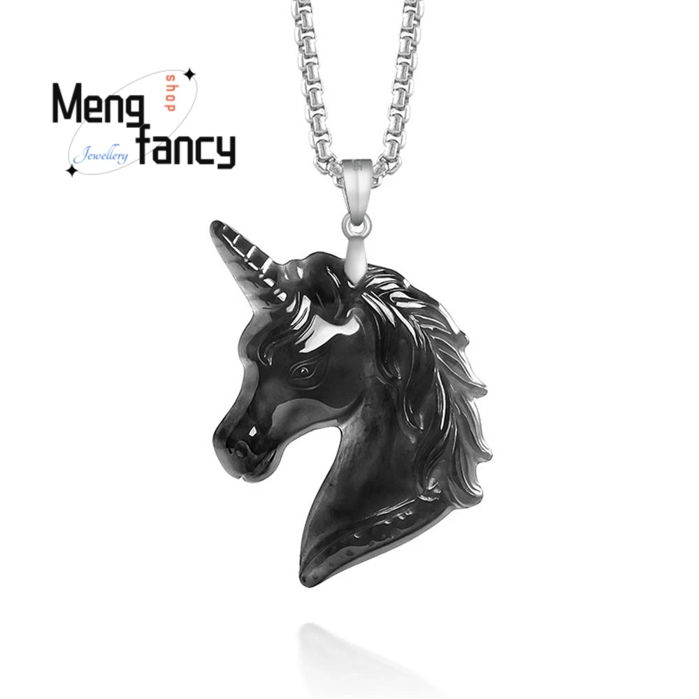 

Натуральный кулон из черного жадеита типа А «Звездный Единорог» с застежкой из серебра S925 пробы, персонализированное высококачественное модное ювелирное украшение, праздничный подарок