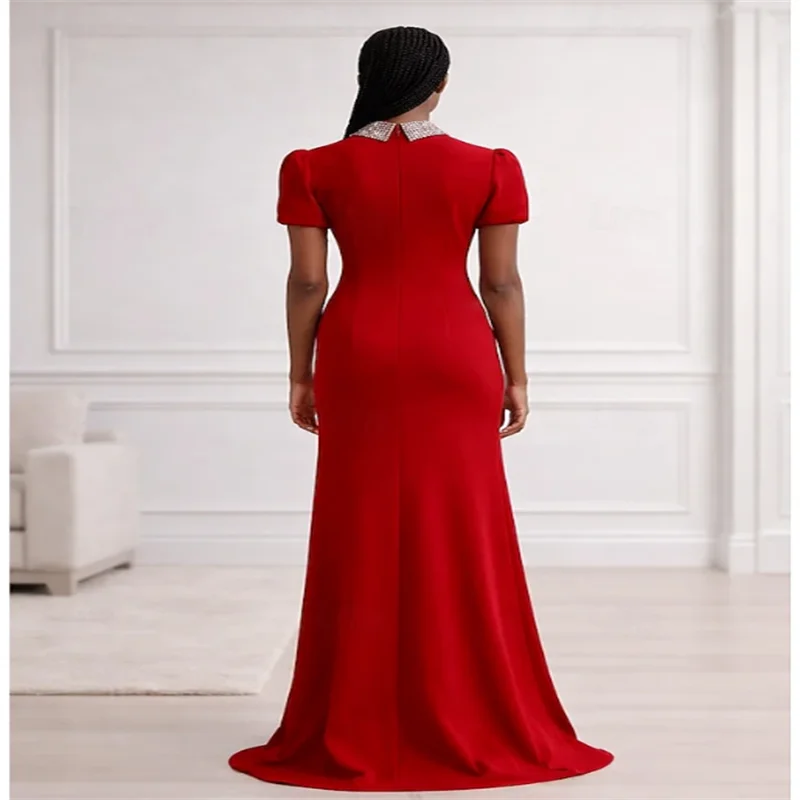 A-Line Sweep Brush Train Red Mother of the Dresses Evening Gown Formal  Elegant Glittering Embellished Short Sleeve Crew Neck