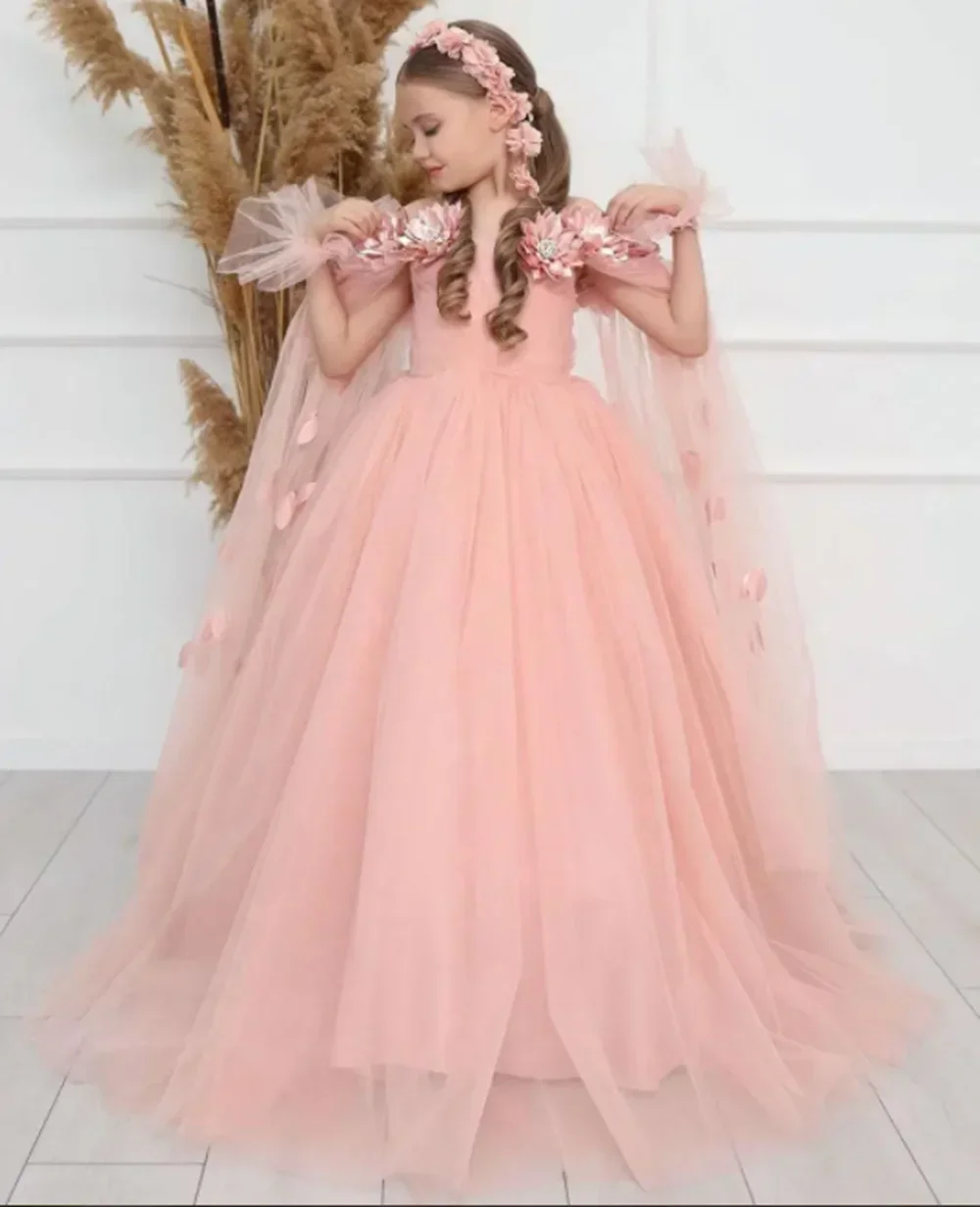 Abito da principessa per ragazze Abito floreale in tulle con spalle scoperte Mantello a farfalla decorato Abito da festa formale Costume da spettacolo per bambini