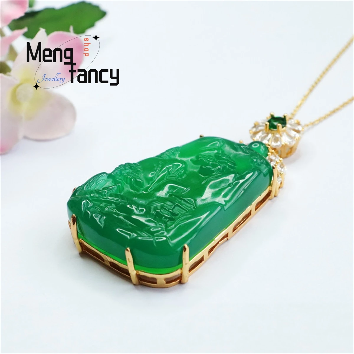 Natural Chrysoprase Agate Landscape Gold Holding Large Diamond Clasp Necklace Simple Personality Fashion Women Versatile Jewelry
