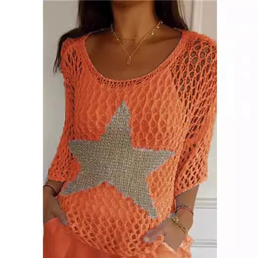 Women Fishnet Pullover Crochet Fishnet Blouse Stylish Women's Crochet Tops O-neck Fishnet Knit Blouse V-neck for Fashionable