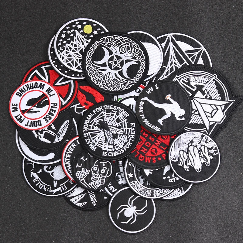 Punk Style Black Circle Iron-On Patches Clothe Embroidery Applique Sewing Supplies Decorative Handmade Badges ROCK MUSIC