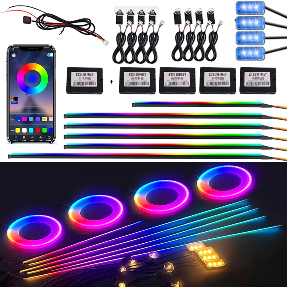 18 In 1 RGB Symphony Atmosphere Lights For Car Interior Streamer Rainbow Acrylic LED Strip Dashboard Decoration Ambient Neon Bar