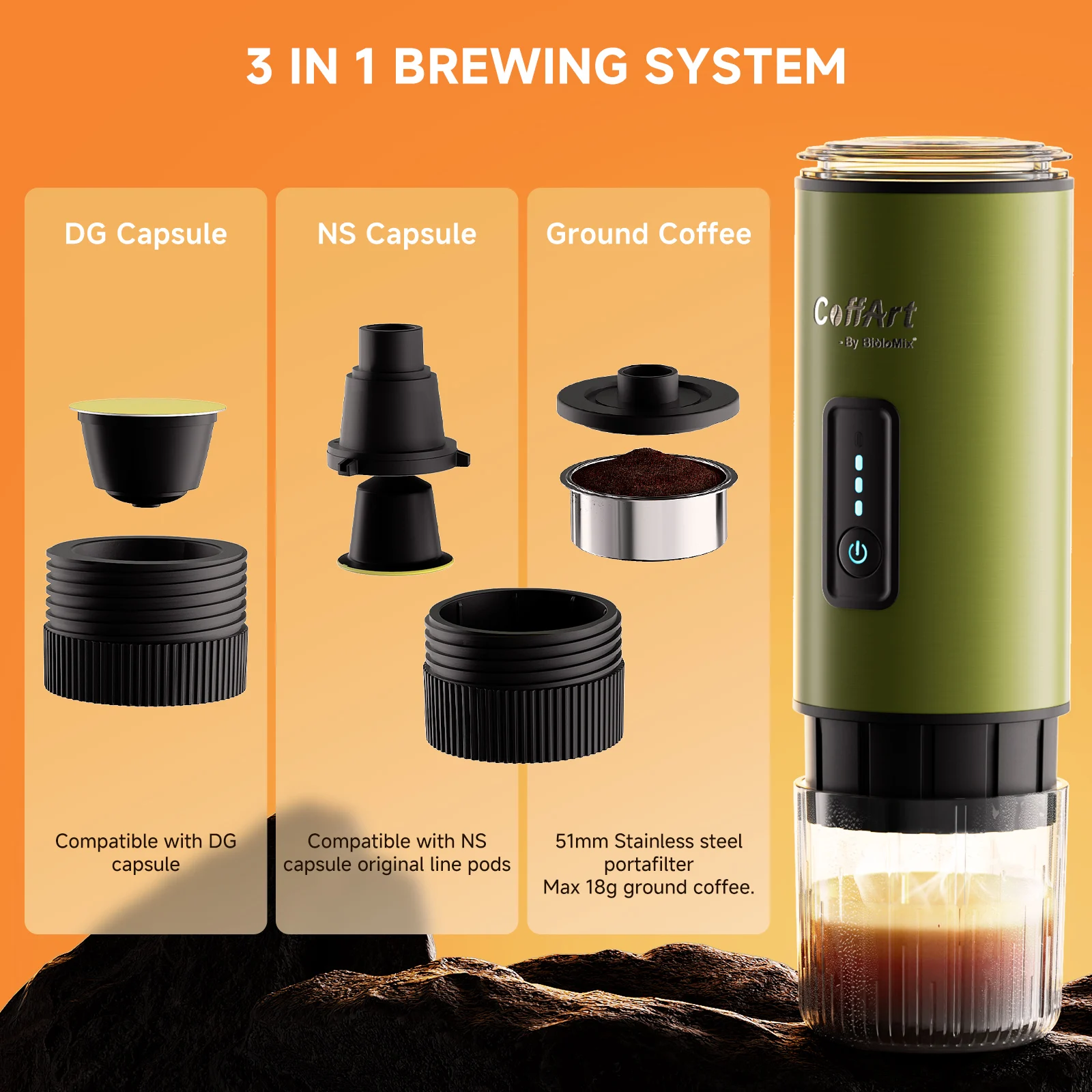 BioloMix Grean Macchina da caffè portatile in acciaio inossidabile per auto e uso domestico compatibile con polvere di caffè a capsule Nexpresso Dolce Pod