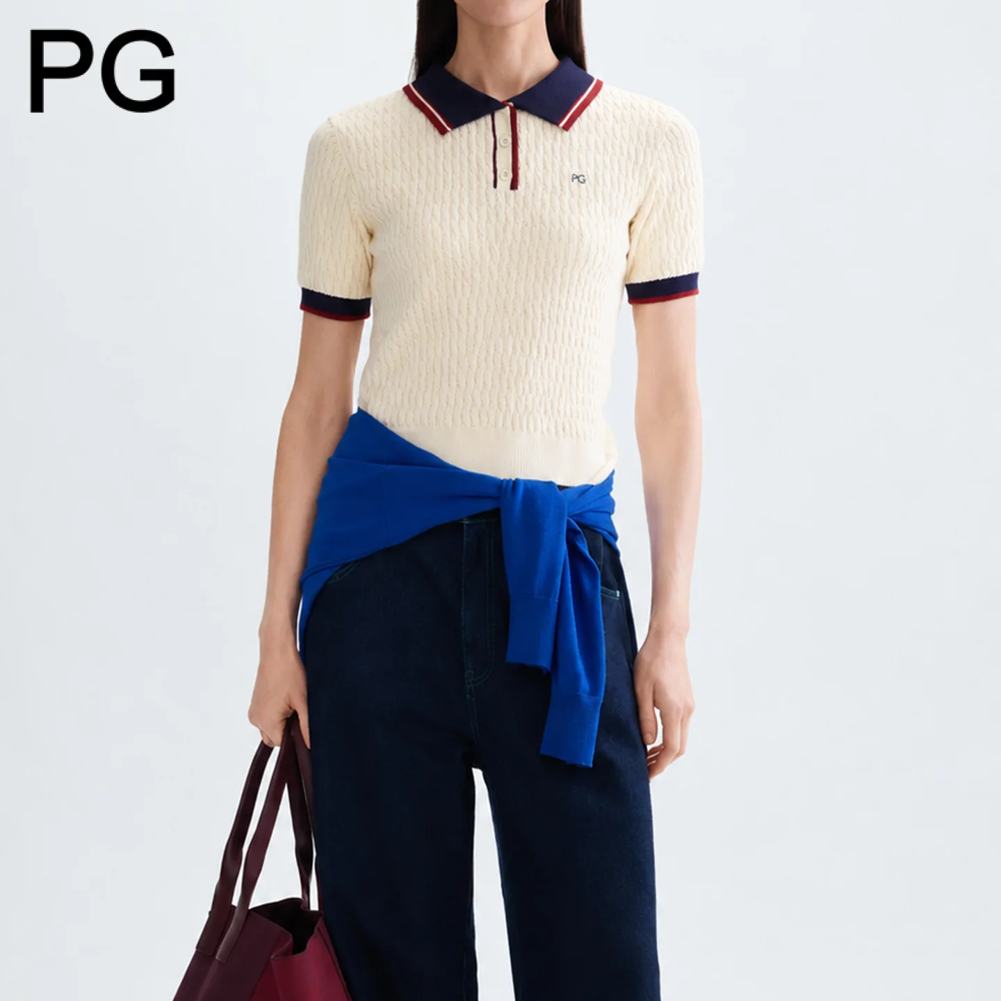 PG Women Collared Cable Knit Polo Top Contrast Rib Trim Short Sleeve Small Embroidered Logo Slim Fit Casual Knit Pullover Shirt