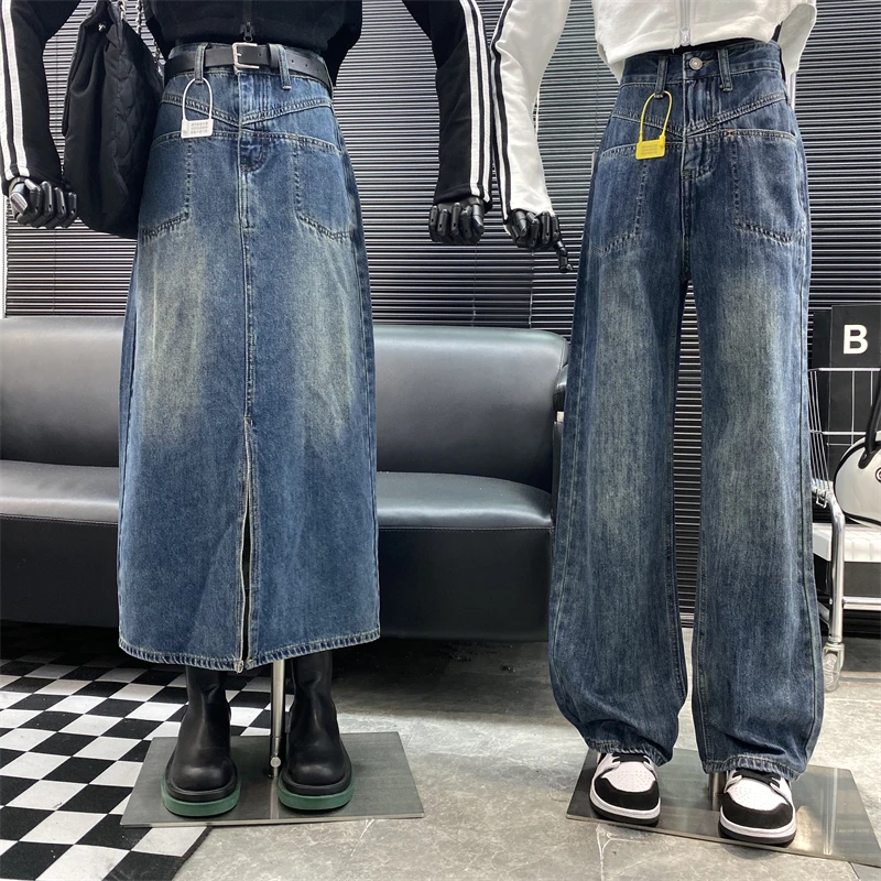 

New 2022 Designer new style Famous brand High waist Denim skirt pant Big pocket washed Whiten Wide leg jeans