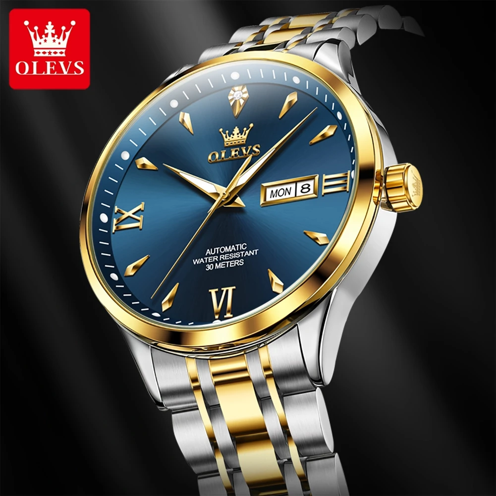 OLEVS Digital Automatic Watch for Men Original Classic Business Men Waterproof Wristwatches Week Date Display Gold Watch 9956