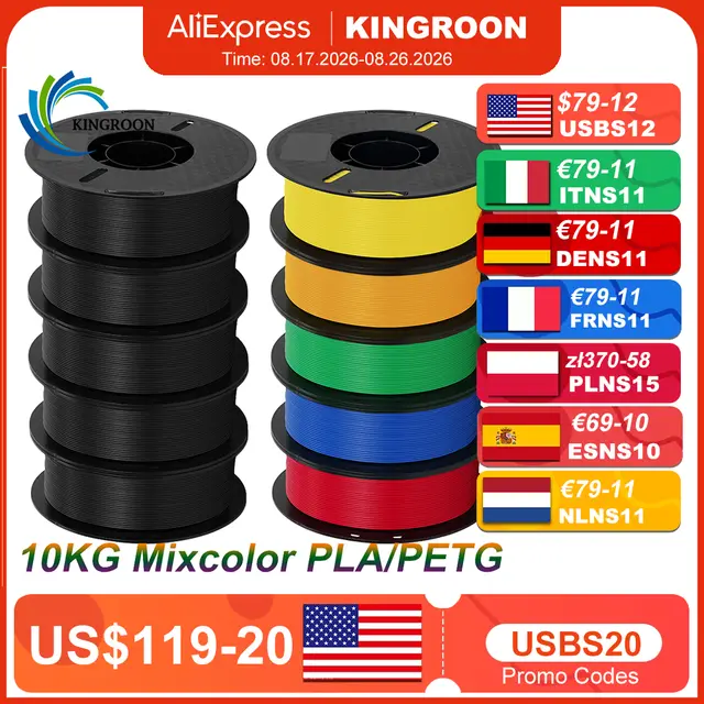 KINGROON 10KG PLA Filament PETG 3D Filament 1.75mm For 3D Printer