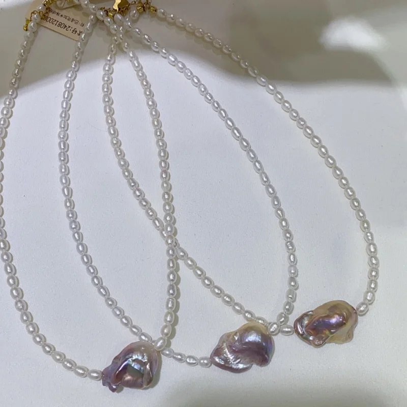 

SGARIT Jewelry 925 Sterling Silver Necklace Strong Light Freshwater Baroque Pearl Millet Bead Chain Neck Accessories