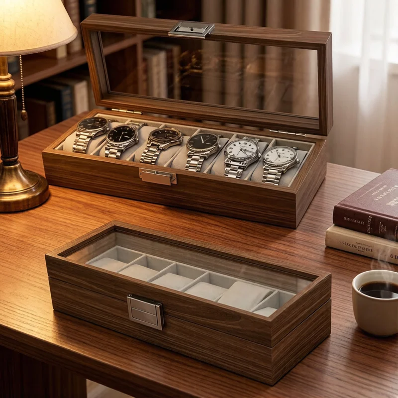 6-Slot Wooden Watch Display Box with Black Walnut Finish, Storage Organizer Case for Men's Watches, Gift-Ready Packaging