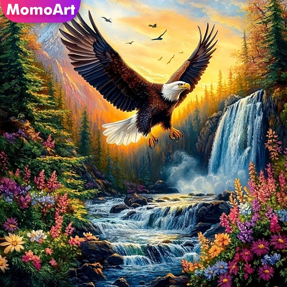 Momoart DIY Embroidery Fabric Eagle Animal 11CT Cross Stitch Kit Waterfall Needlework Tree Suitable For Beginners Home Decor
