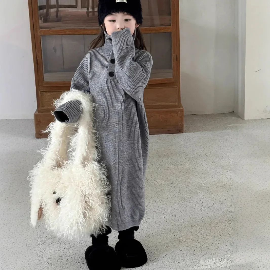 

Girls Gray Casual Knitted Sweater Dress 2024 Autumn New Children Korean Thick Long Over Knee Sweater Dress