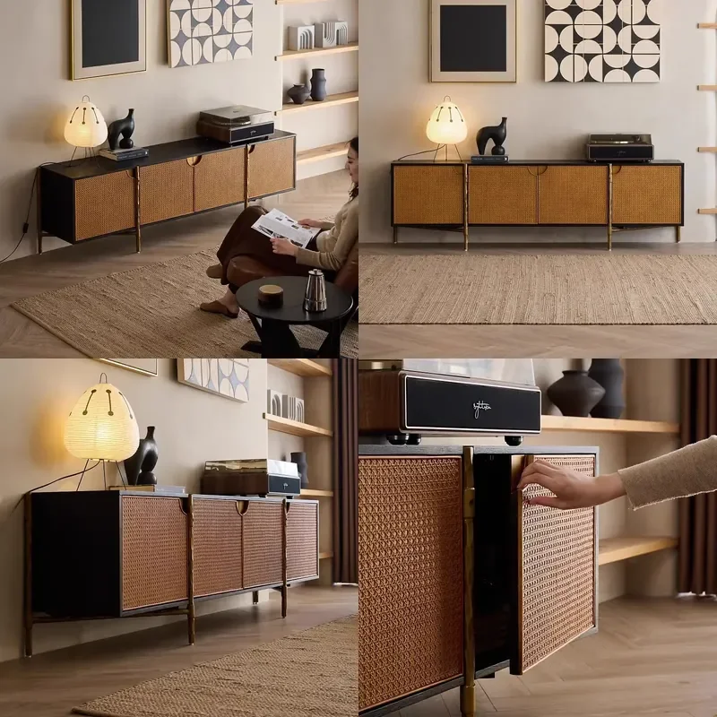 For TV Cabinet Solid Wood Wrought Iron Rattan Retro Media Console Simple Ancient Style Audio Visual Furniture