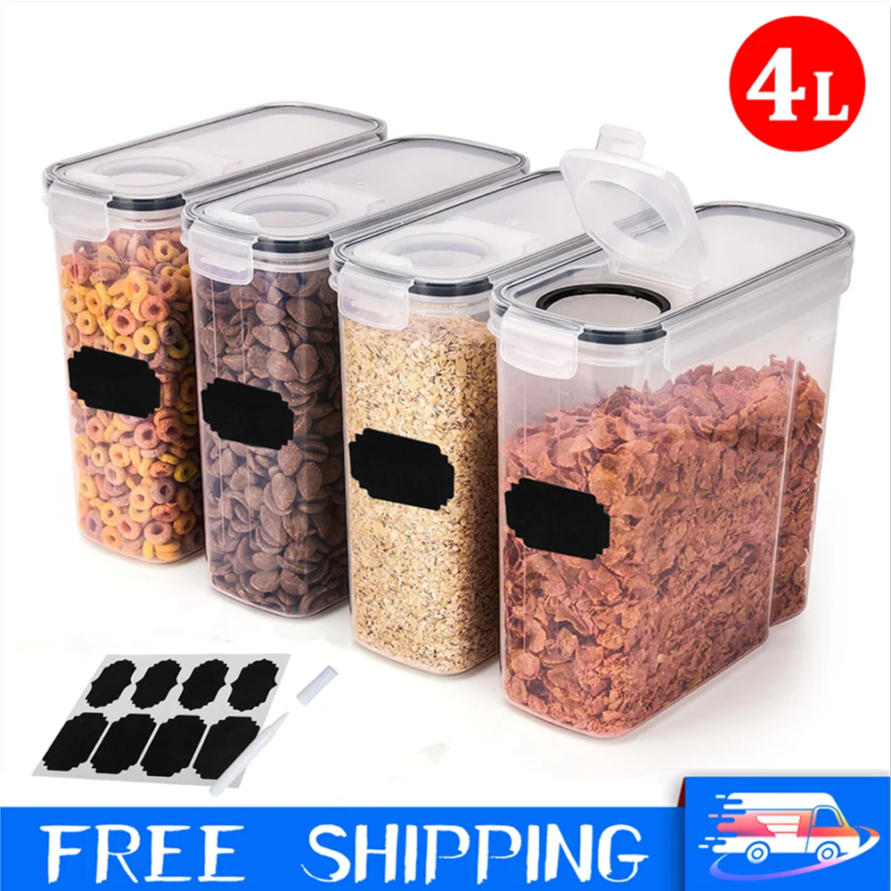 Juego de 8/4 Recipientes Herméticos de 4L para Almacenamiento de Alimentos, Recipientes de Plástico Sellados para Cereales, Dulces y Granos, Organizador de Almacenamiento de Granos para Cocina