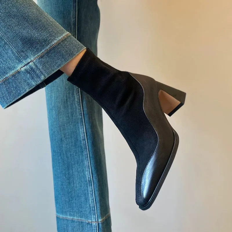 خمر سليم أشار تو كعب سميك قصير انغلق المخملية منتصف العجل مثير عبر الحدود أحذية الموضة الأحذية النسائية #6