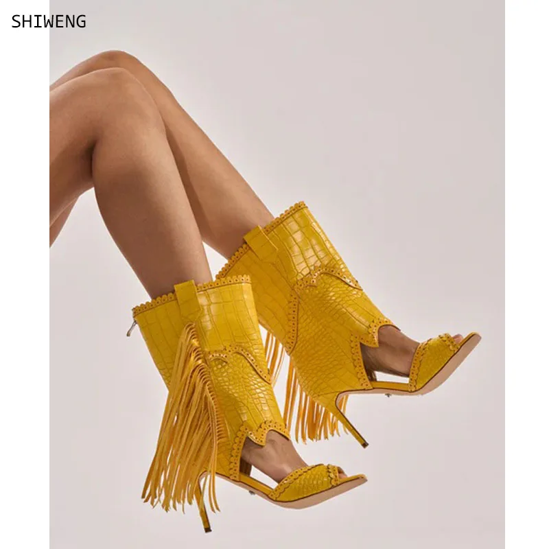 

Sexy Mid Calf Fringe Boots Pepe Toe Cut-out High Heels Tassel Boot Yellow Pu Dress Shoes Buckle Strap Sandal Boot 44