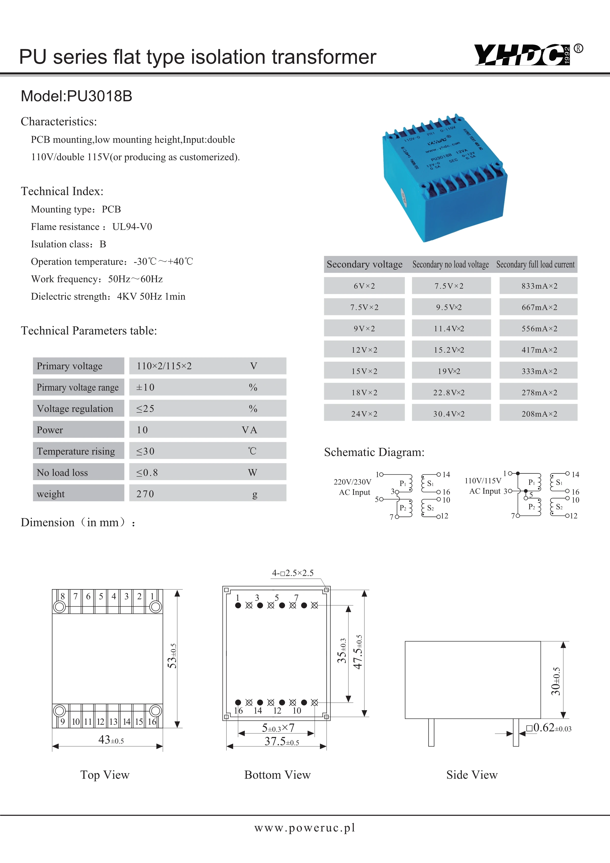 PU3018B 30 Years' manufacturer Double input and output 10VA /2*115V/2*6-24V PCB encapsulated transformer