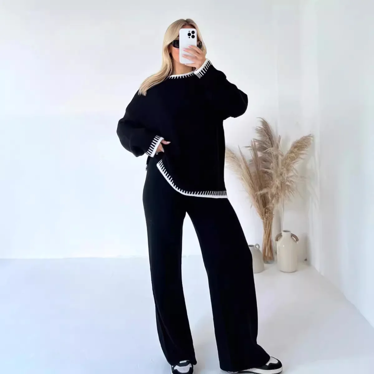 Women Knitting 2 Piece Set Casual Loose O Neck Pullover Top Wide Leg Pants Two Piece Outfits Fashion Color Matching Home Suit