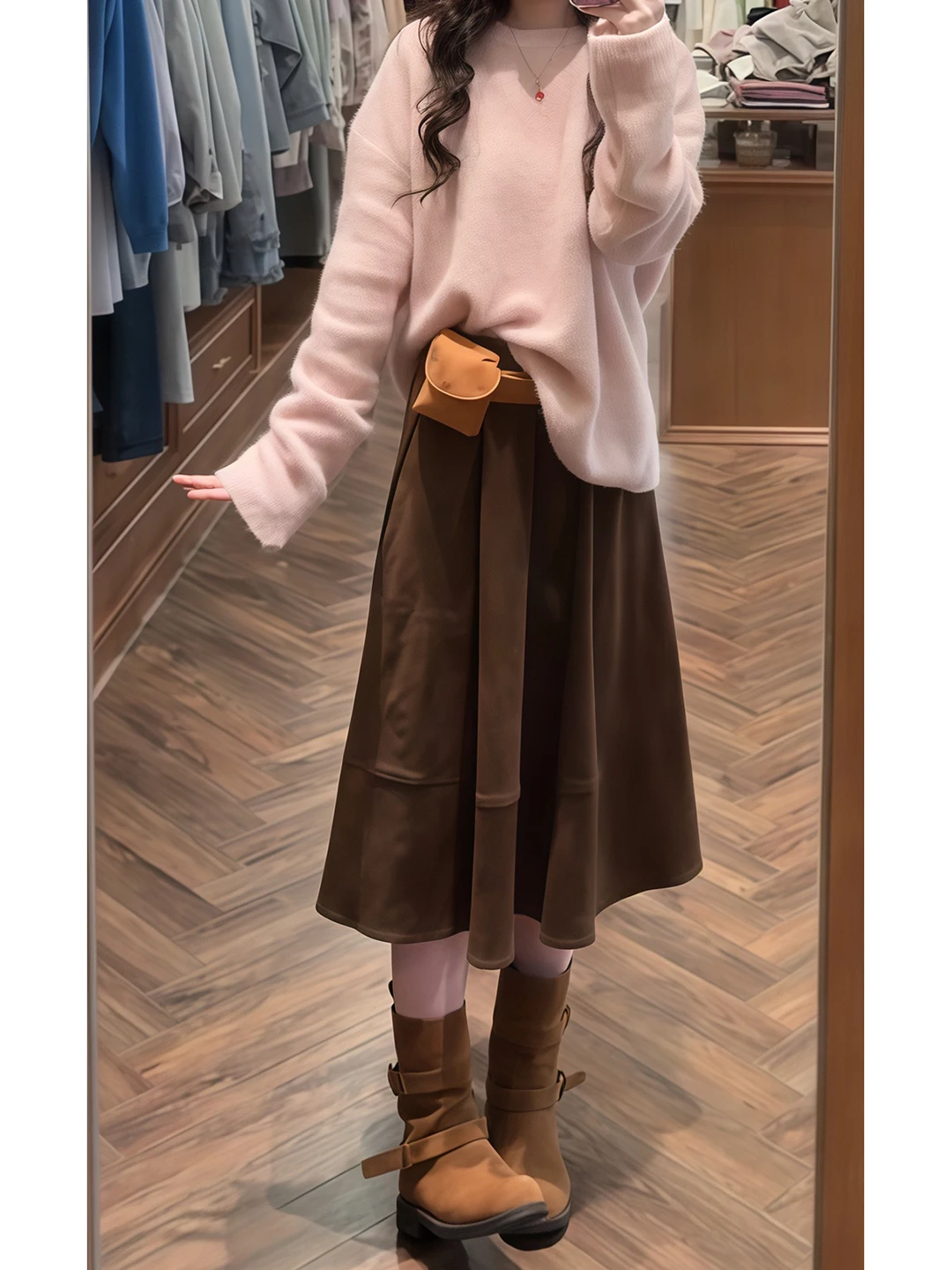 Retro Brown Half-length Skirt Women's Thickened High-waist Pleated Long Skirt Autumn Winter New Style Korean Style Lazy Women...