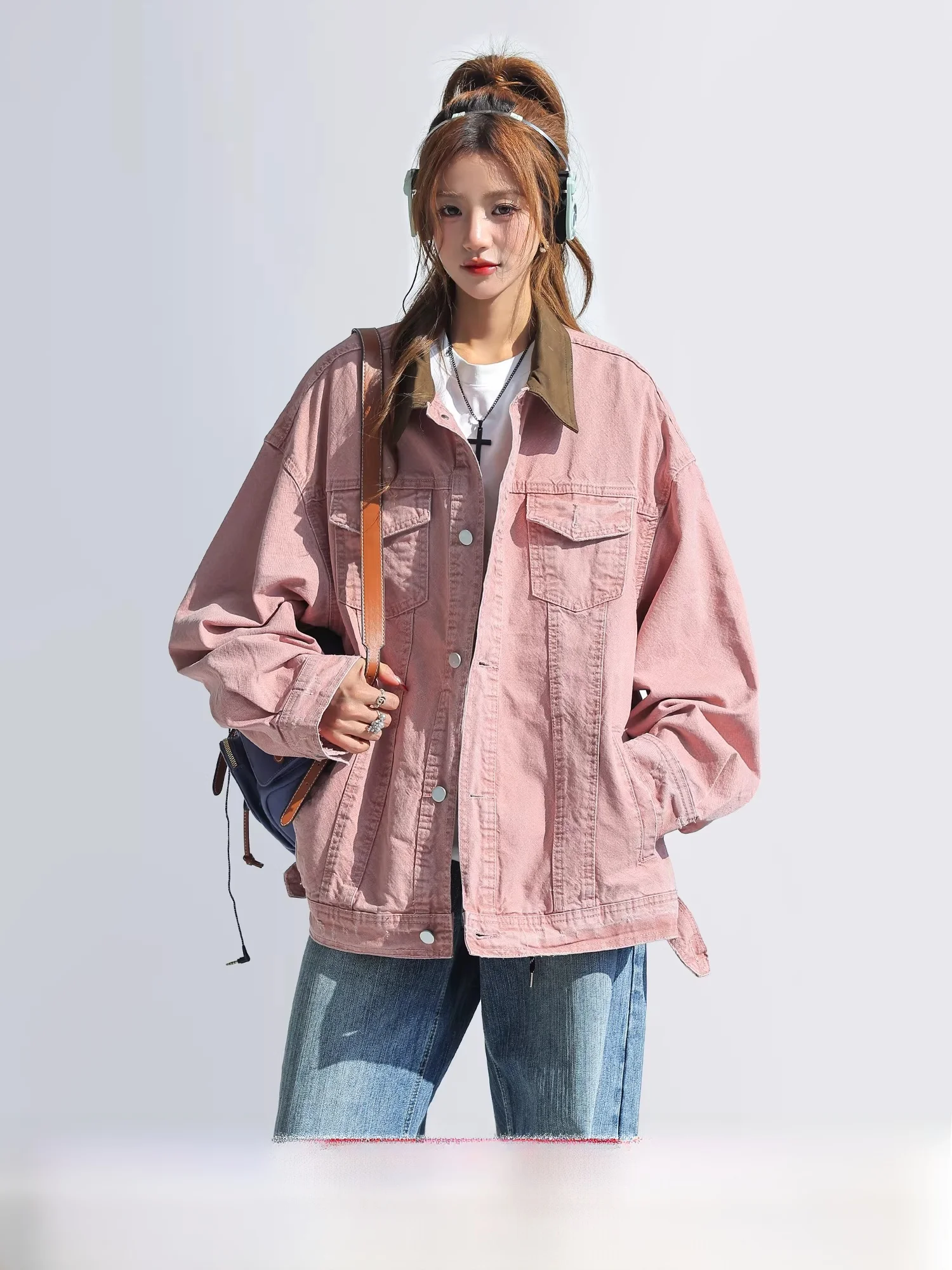 

Повседневный свободный джинсовый комплект-двойка: куртка с воротником, пэчворком и цветовыми блоками, дышащая хлопковая весенняя женская куртка