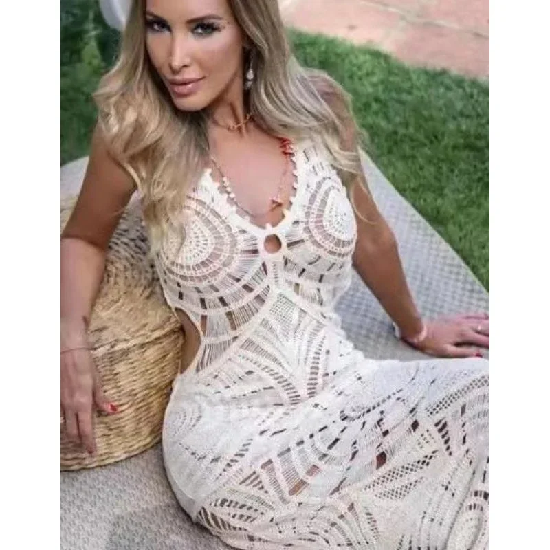 Beach Skirt Women's Knitted Hollow Out V-neck Low Cut Slim and Sexy Mid Length Dress