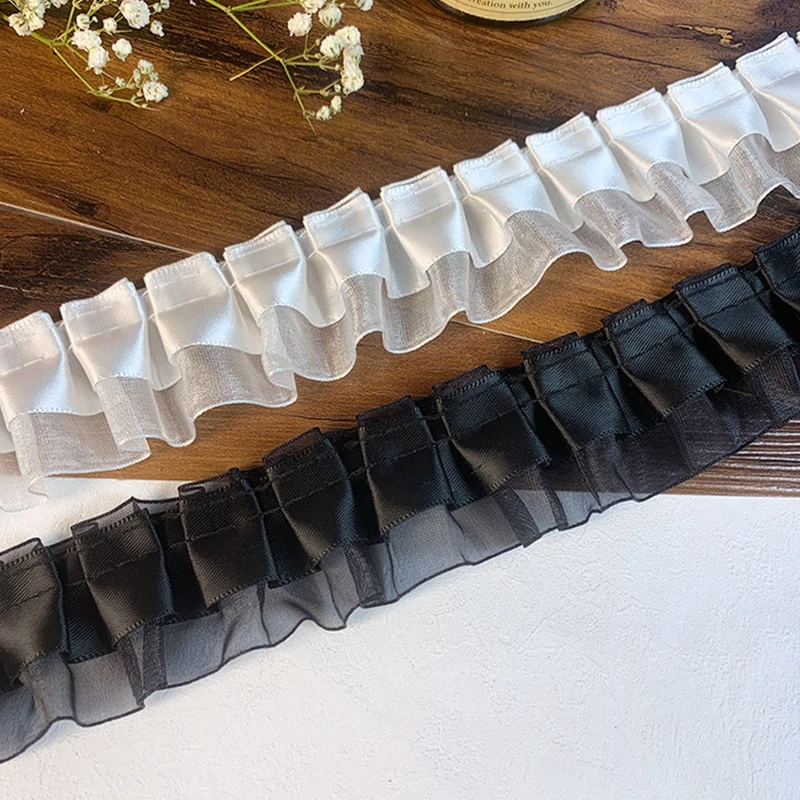 1m Double Layers Pleated Lace Fabirc Ribbon Decorative Trimming Ruffle Trim For DIY Lolita Dress Apparel Sewing Supplies