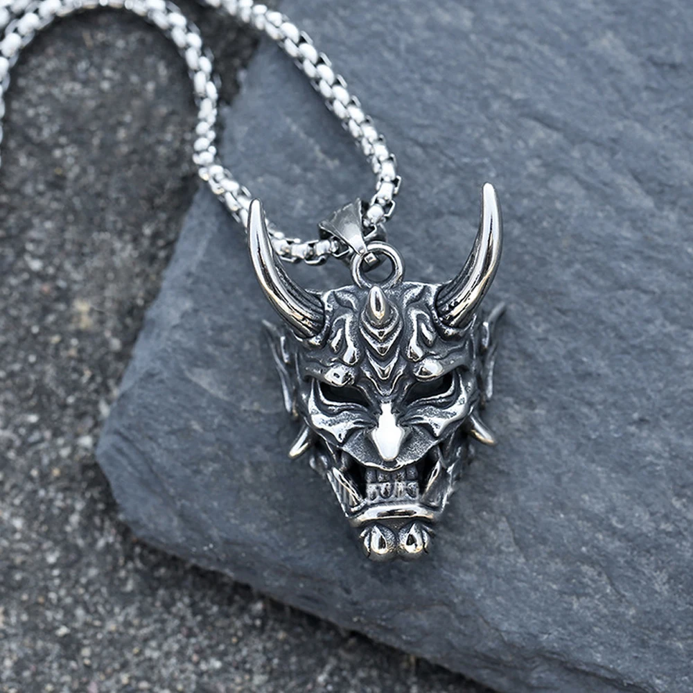 Gothic Long Horn Demon Pendant Necklace Japanese Style Stainless Steel Ghost Mask Men Pendant Chain Fashion Goth Jewelry Gift