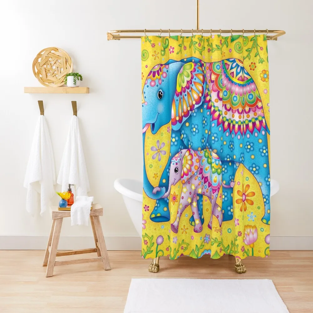 

Colorful Elephants - Cute Mama Elephant and Baby Elephant Art by Thaneeya McArdle with Butterflies and Flowers Shower Curtain