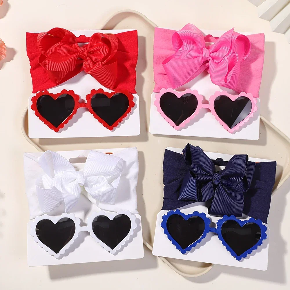 Nylon Headband Soft Elastic Bowknot Head Band Babys Heart shape glasses Set Four Season Leisure Thick Hairband for Infant